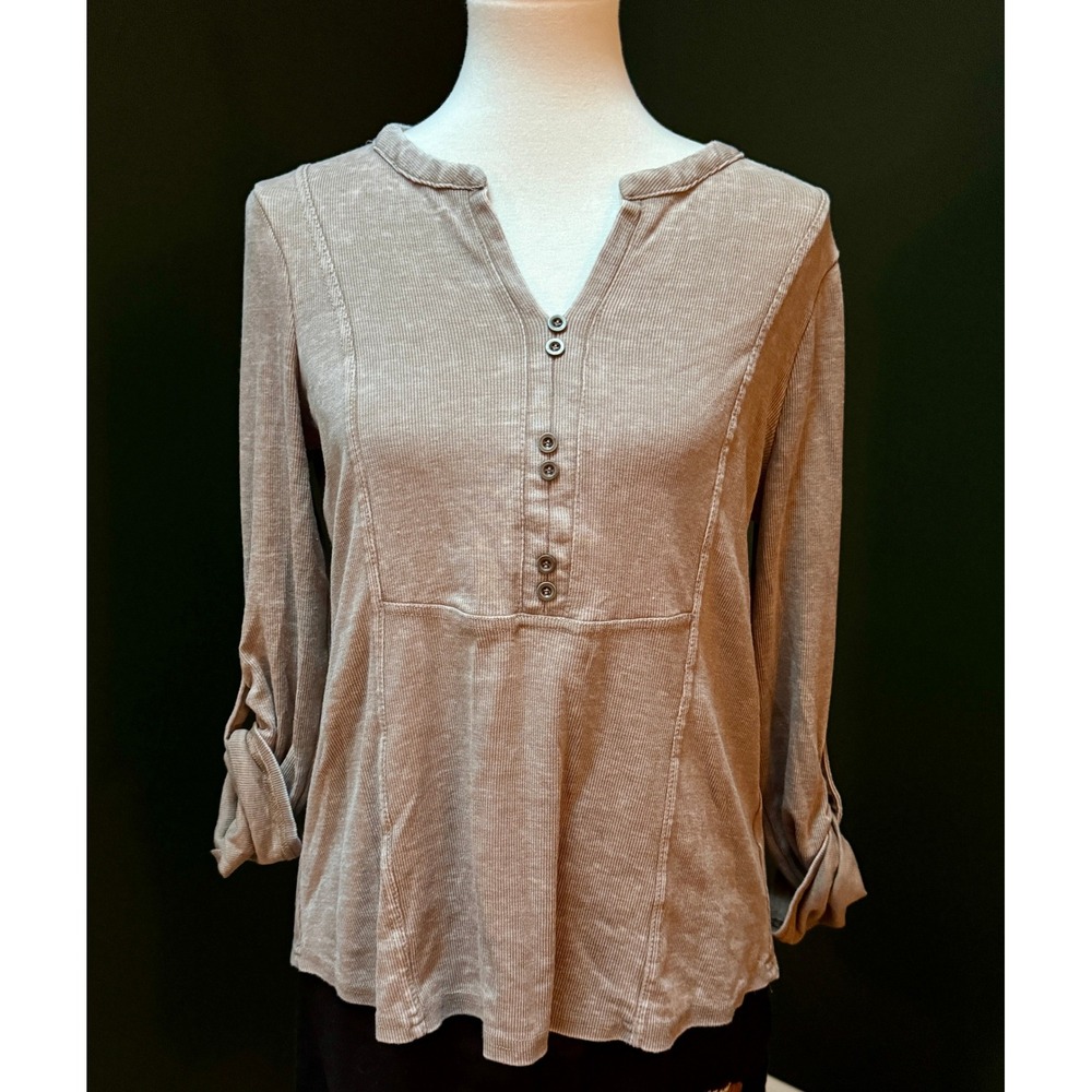 Jane + Delancy Taupe Ribbed Henley Long‎ Sleeve Tunic Top Women's  M